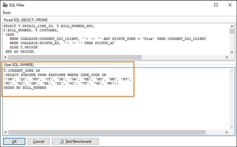 SQL Filter window with highlighted User SQL field content