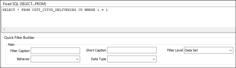 Fixed SQL field displayed above Quick Filter Builder header containing temporary table SQL