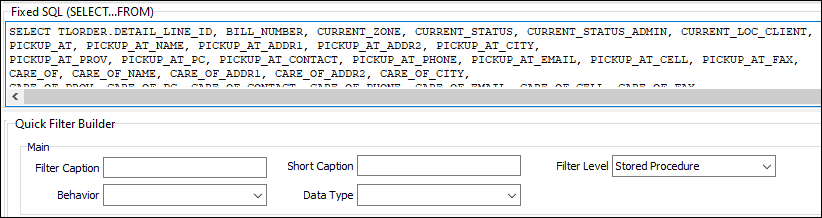 Fixed SQL field displayed above Quick Filter Builder header containing stored procedure SQL