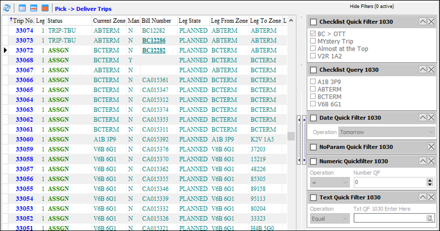 Sample Trips grid with active filter pane