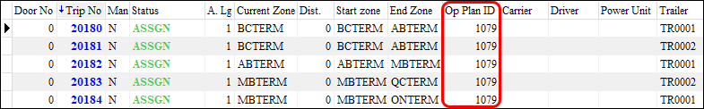 A trip grid with 5 trips with the same Op Plan ID.