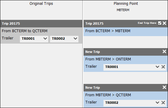 One original trip ending. Its trailers appear on the merge trip in a Planning Point column.