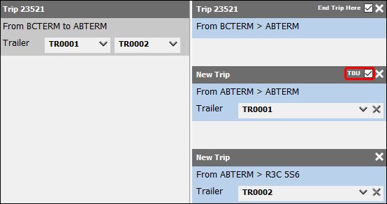 A split trip with two new trips. One is marked as TBU.