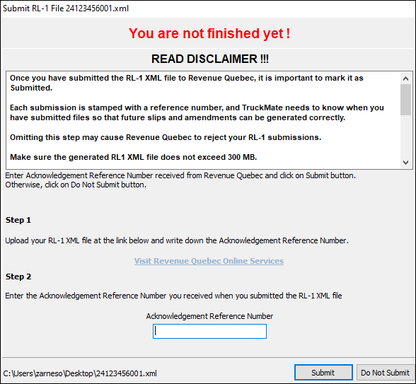 The Submit RL-1 file window.