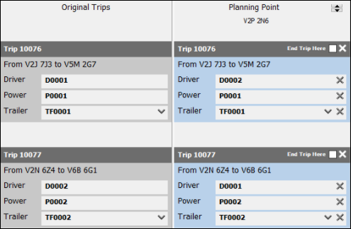 Two trips with their drivers switched in a Planning Point column.