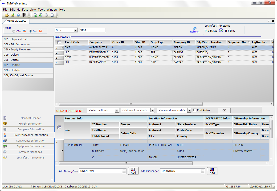 ACI window overview :: TMW eManifest