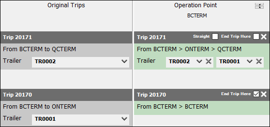 One original trip ending. Their trailers appear on the merge trip in an Operation Point column.