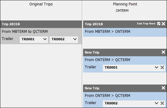 An original trip being split and its trailers divided between two trips.