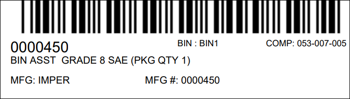 Example of a part label by bin barcode