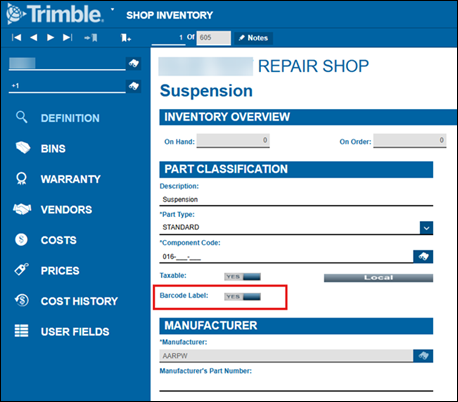 The Shop Inventory page with the Barcode Label field emphasized