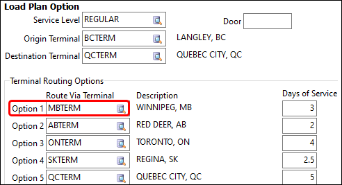 A load plan for BCTERM to QCTERM with MBTERM as Option 1.