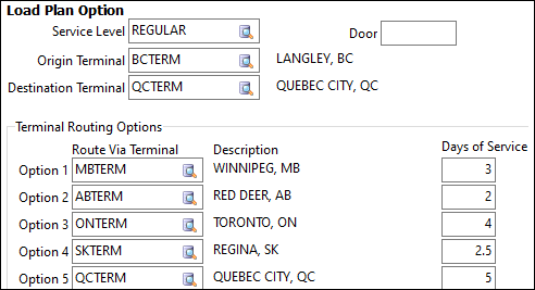 A load plan for BCTERM to QCTERM with 5 terminal routing options.