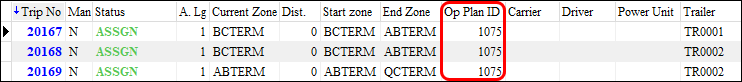 Three trips with a shared Op Plan ID.