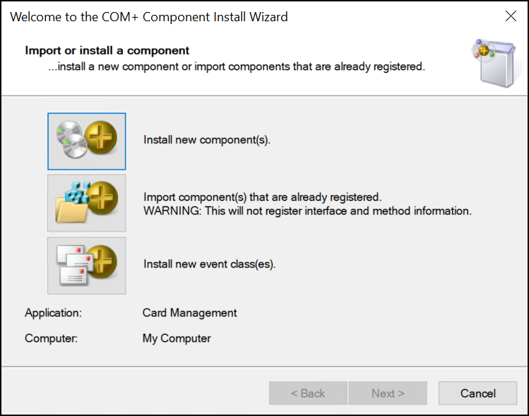 The Import or install a component window.
