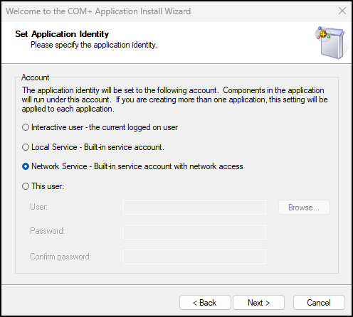 The Set Application Identity window.
