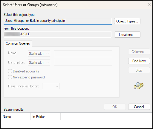The Select Users or Groups Advanced window.