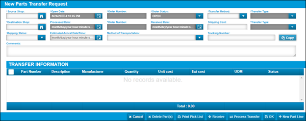 The New Parts Transfer Request window. It has fields where you can specify information about parts transfer