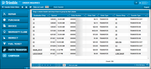 The Parts Transfer tab of Order Inquiries showing information about transfer orders arranged by column.