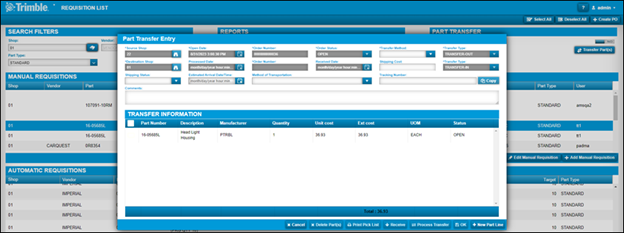 The Part Transfer Entry window showing information about the part such as part number