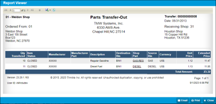 The Parts Transfer-Out report showing information about an ordered part