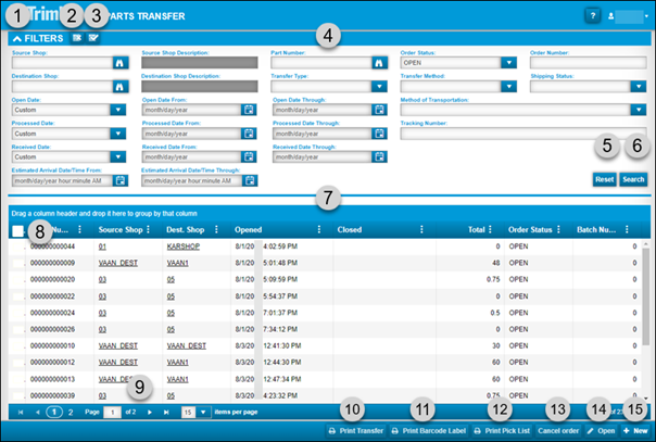 The Parts Transfer page with its elements labeled with numbers 1 through 15.