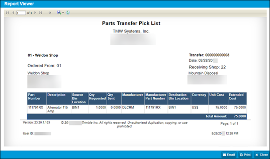 The Parts Transfer Pick List report showing information about the transferred parts such as part number