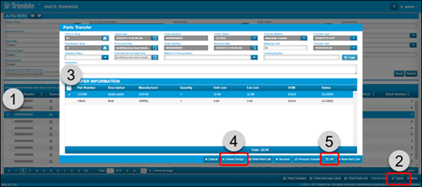 The Parts Transfer window with the Delete Part(s) and OK options highlighted.