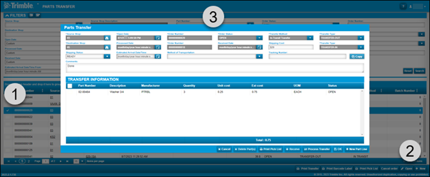 The Parts Transfer window with the transfer order’s information