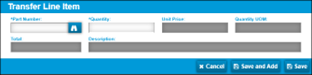 The Transfer Line Item window with fields to enter a part number and quantity.