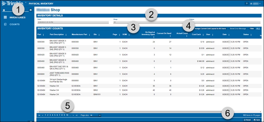 Physical Inventory page with the Counts tab active