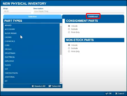 The Additional tab view of the New Physical Inventory window