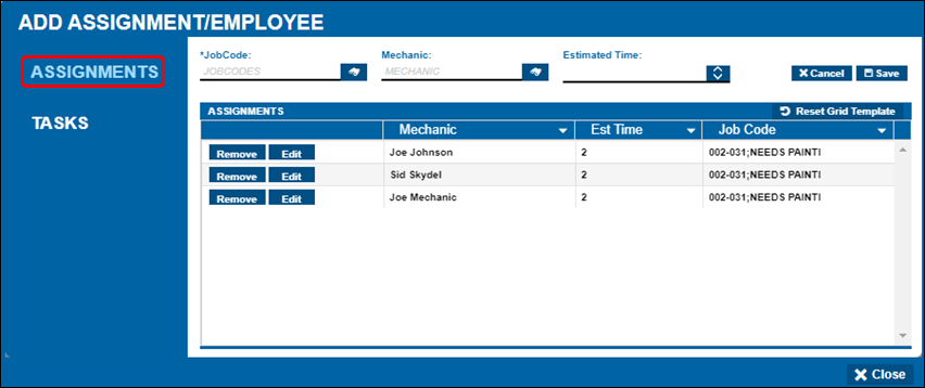 The Assignments tab of the Add Assignment/Employee window