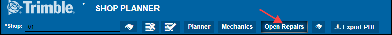 The Shop Planner toolbar with the Open Repairs button selected. An arrow points to the button.