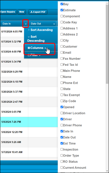 A user is selecting columns from a pop-up menu.