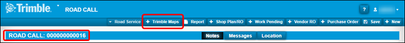 The top part of an existing road call with the Trimble Maps button and the road call number emphasized.