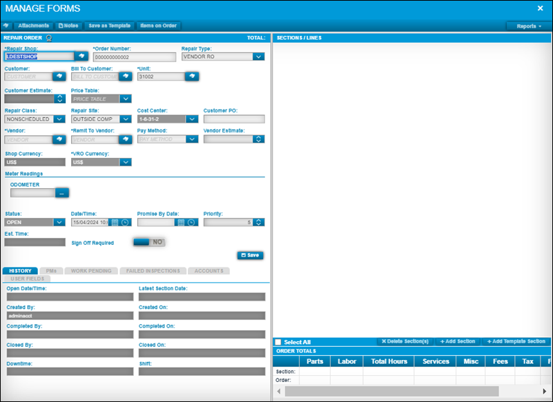 The Managed Forms pane with the repair order sections active.