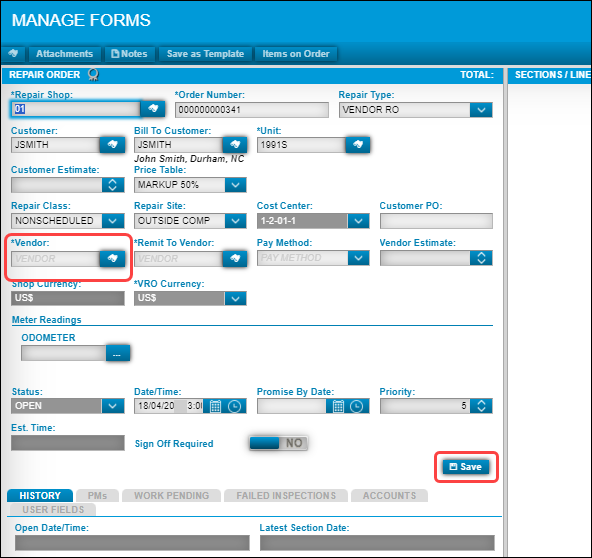 The repair order with the Vendor field and Save button emphasized.