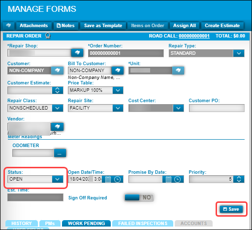 Repair order with the Status field and Save button emphasized.