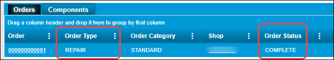 A clip of the Road Calls Listing page with the Order Type and Order Status columns emphasized.