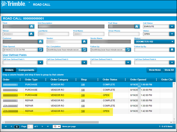 The Road Call page with two open orders highlighted.