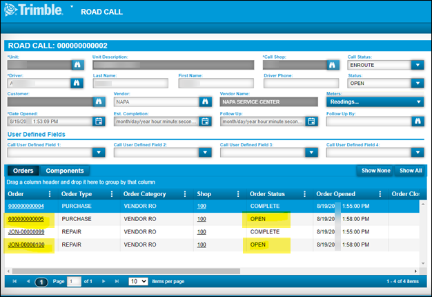 The Road Call page with two different order types highlighted.