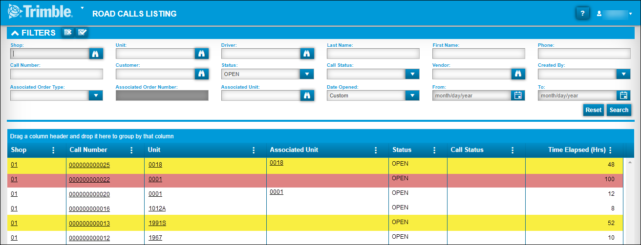 Road Calls Listing page with color-coded rows