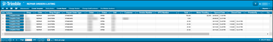 The Repair Orders Listing page.