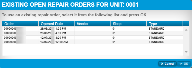 The Existing Open Repair Orders for Unit: 0001 window