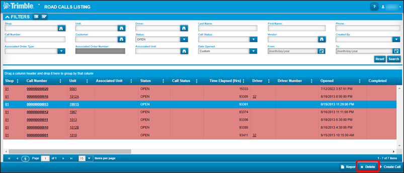 The Road Calls Listing page. One row is selected.