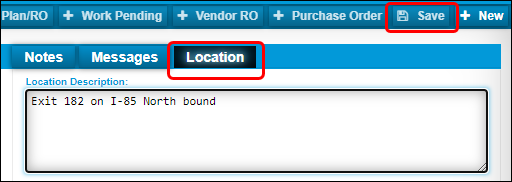 The Location tab with the Location Description box. The Save button and the Location tab are called out in red.