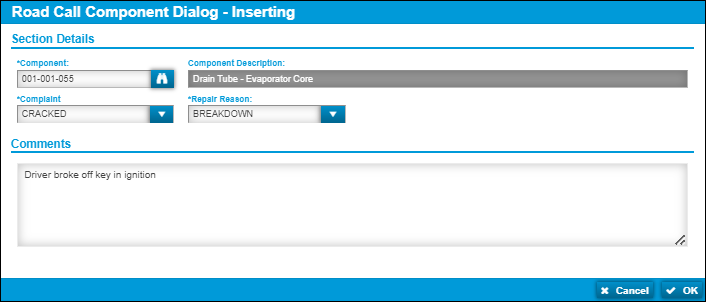 The Road Call Component Dialog - Inserting window