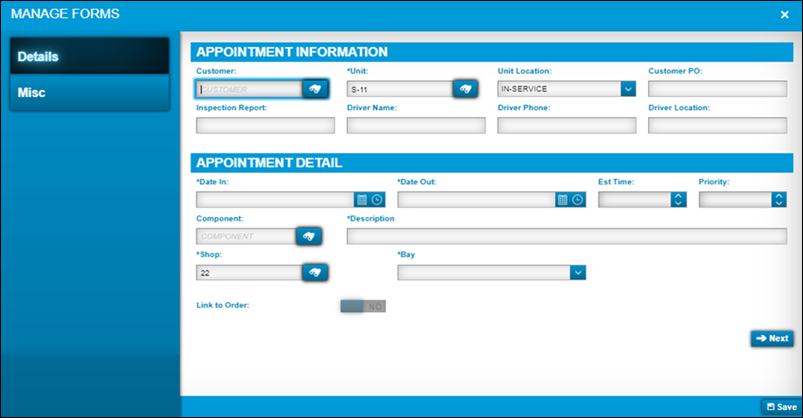 The Manage Forms window with the Details tab active.