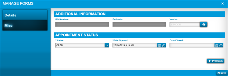 The Managed Forms pane with the Misc tab active.