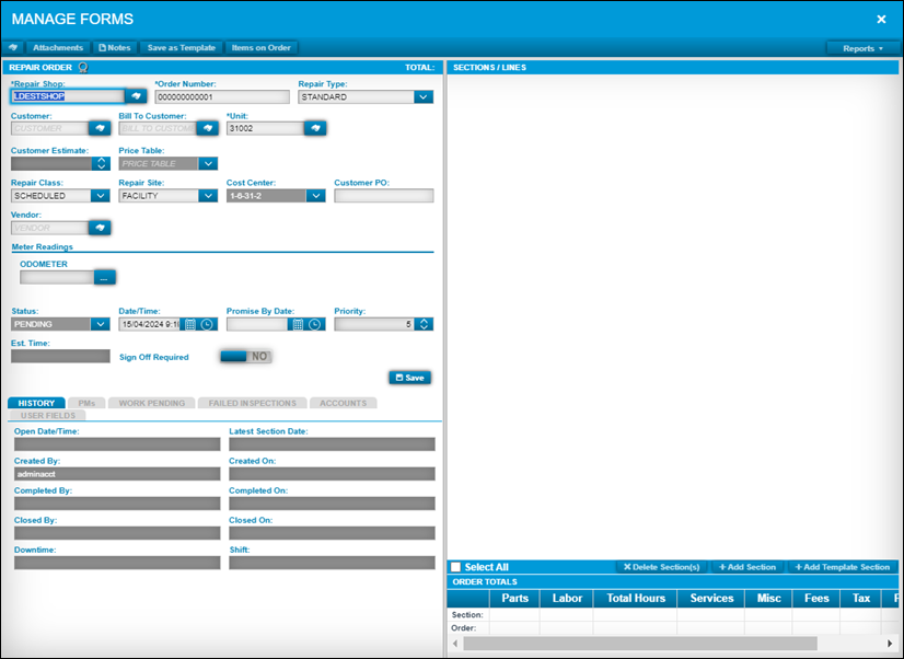 The Managed Forms pane with the Repair Order panes active